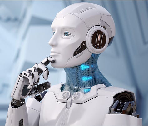LEFT TO RIGHT: Planet Money editor Mary Childs, poet and critic Xuela Zhang, writer Rand Richards Cooper, New York Times writer Jasmine Sun, The Atlantic illustration about copyright and AI, and a humanoid robot (outlawed in China).