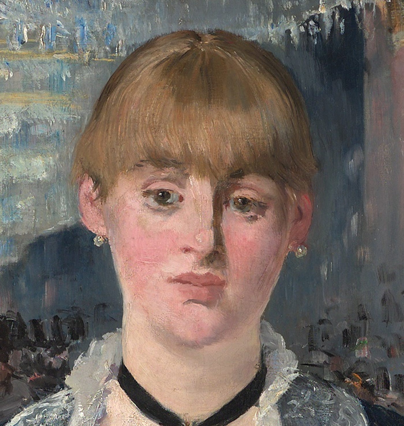 Detail of Manet's A Bar at the Folies Bergère: the barmaid Suzon's face, eyelids lowered, her gaze drifting past the viewer to the left. Detail of Manet's A Bar at the Folies Bergère: the barmaid Suzon's face, eyelids lowered, her gaze drifting past the viewer to the left.