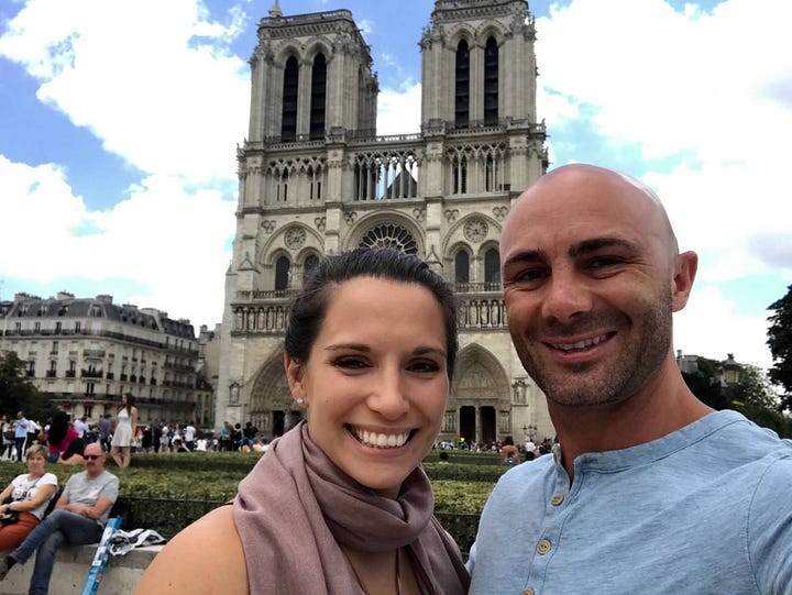 A picture of a neon-lit elevator and several of Notre Dame