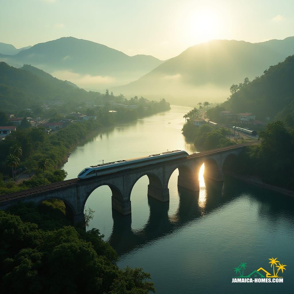  A sleek, modern train crosses the historic Flat Bridge over the Rio Cobre River, bathed in the ethereal glow of early morning light, with wisps of mist rising from the water's surface. The surrounding Jamaican landscape features charming small towns, lush tropical trees, and majestic distant mountains. A few cars traverse the bridge, and tiny figures of people dot the riverbank, providing a sense of scale. Emphasizing realism and dramatic perspectives, the scene is captured as if by a drone or high vantage point. Cinematic film still, shot on v-raptor XL, film grain, vignette, color graded, post-processed, cinematic, dramatic lighting, 35mm film, live-action, best quality, atmospheric, masterpiece, epic, stunning, dynamic composition.