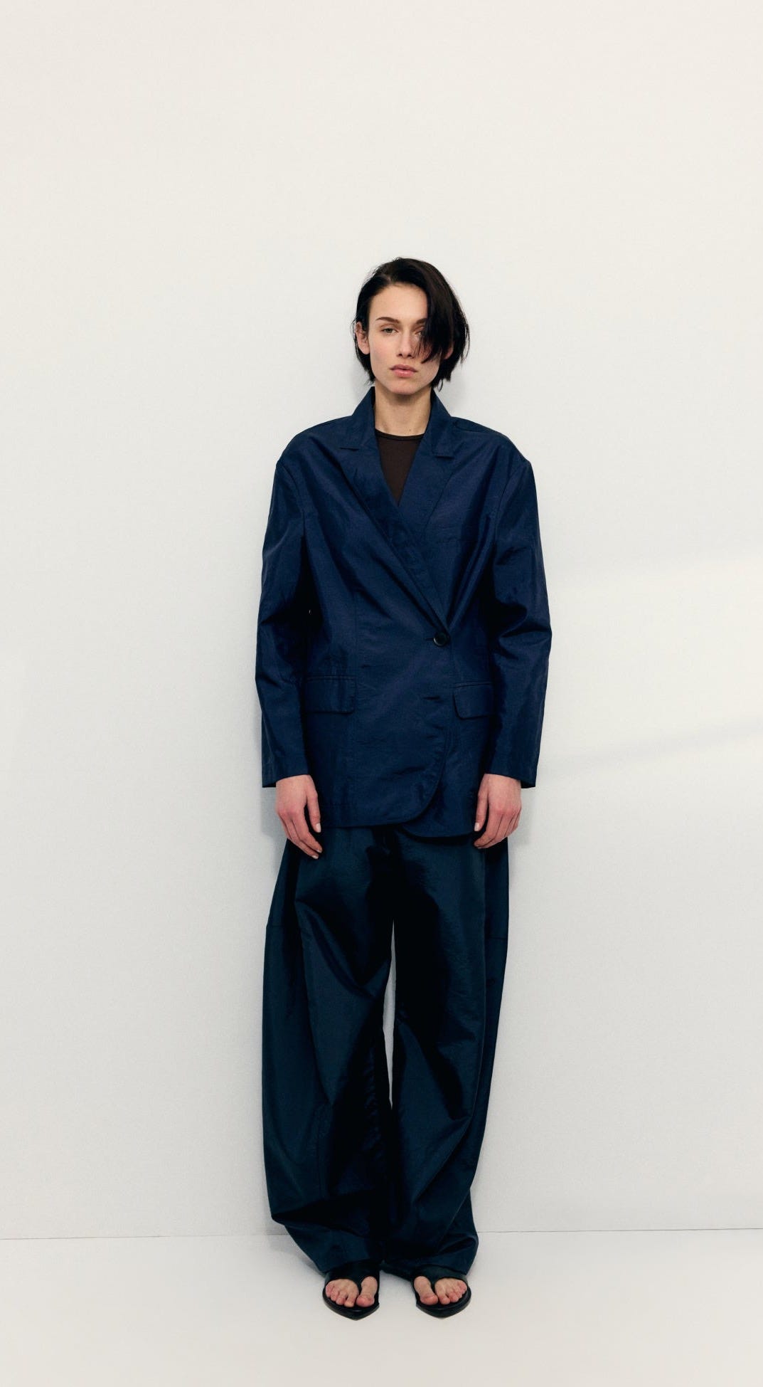 Navy Crispy Nylon Liam Blazer - editorial image on model