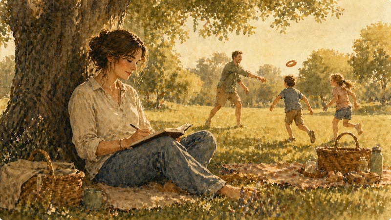 Introvert finding quiet strength: woman writing peacefully as her family plays in the background.