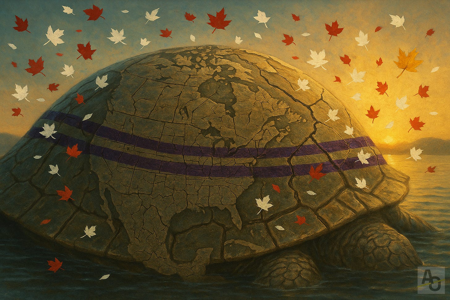 Illustration showing a massive turtle shell rising from calm water at sunrise. The shell’s scutes are etched with a cracked map of Canada and sliced by two bold purple wampum stripes. Deep fissures spider across the shell, hinting at fragile borders. Red and white maple leaves swirl above and around the turtle, with one bright yellow leaf catching the sun’s glow. The scene blends warm dawn light with cool lake tones, symbolising Turtle Island’s ancient ground confronting modern Canadian nationhood.