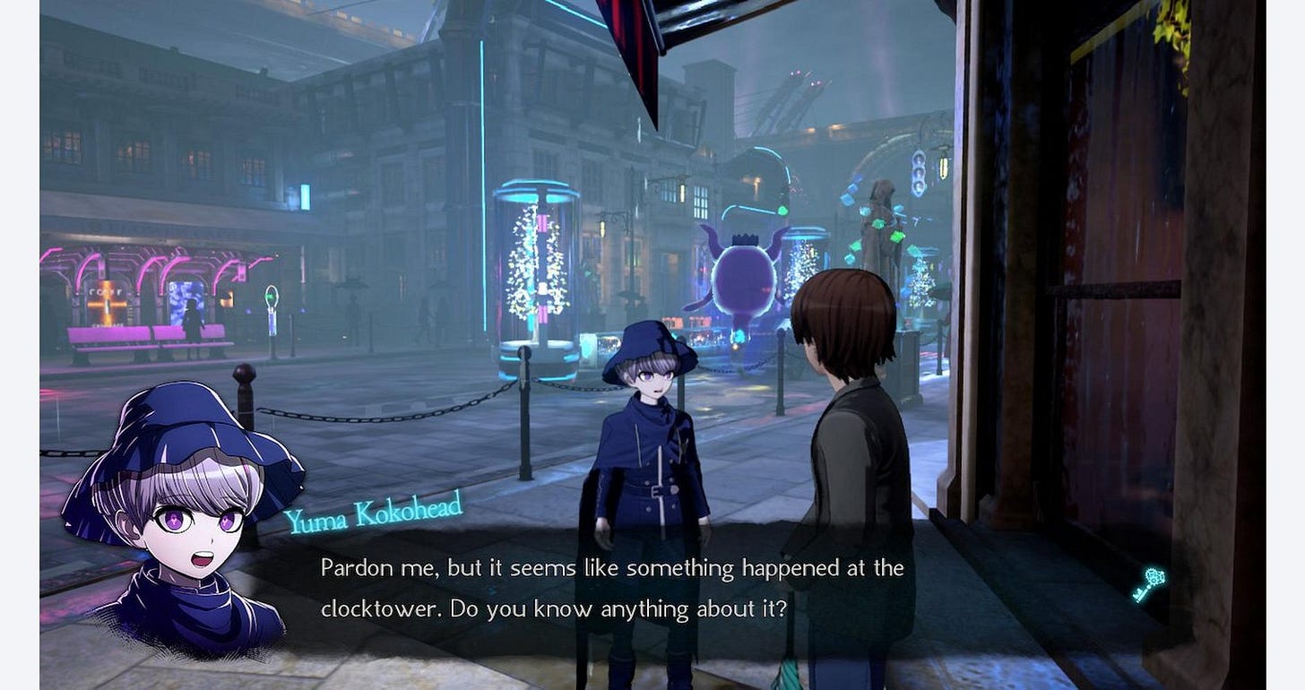"A character named Yuma Kokohead, wearing a blue hat and cape, stands in a futuristic city street with neon lights. Yuma is speaking to a person in a dark jacket, asking, 'Pardon me, but it seems like something happened at the clocktower. Do you know anything about it?'"