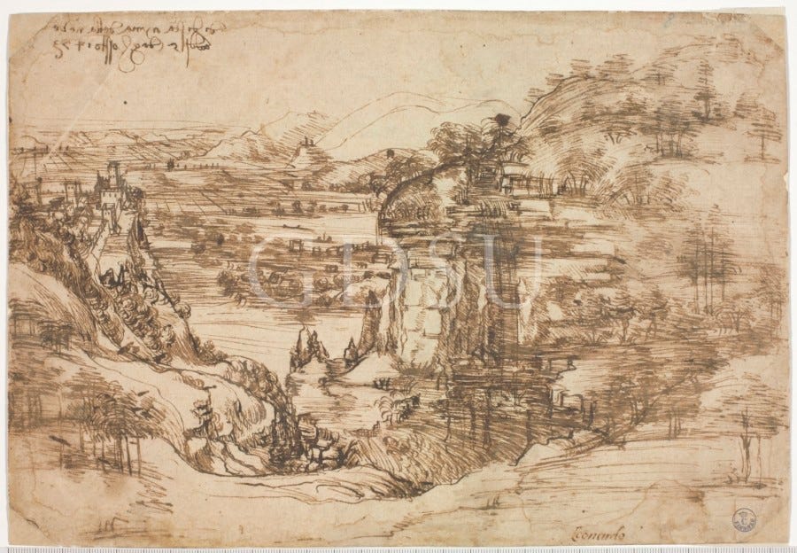 Leonardo da Vinci, Landscape, dated 5 August 1473, with the date in mirror script at upper left. Gabinetto dei Disegni e delle Stampe, Uffizi, Florence.
