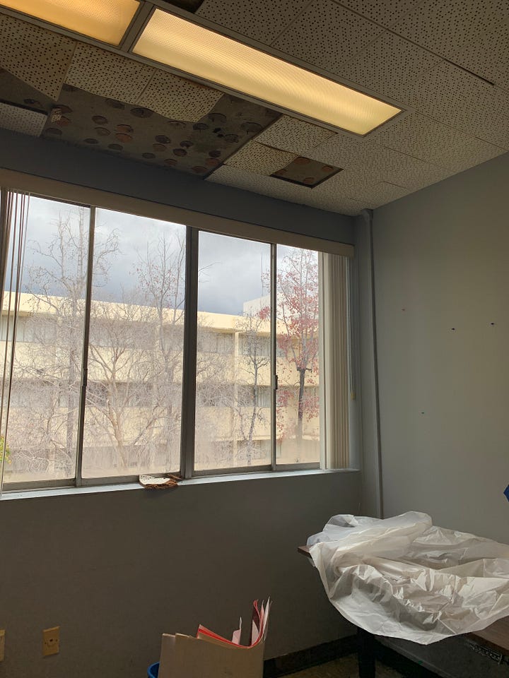 images depict ceilings with fallen tiles exposing brown glue, flooded desks and classrooms, buckets to carry water for leaks, furniture cover with plastic bags