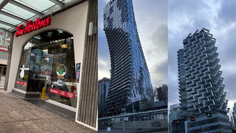 A picture of Tim Hortons on Robson St by the hotel I stayed in and two pictures of giant buildings with symmetrical designs.