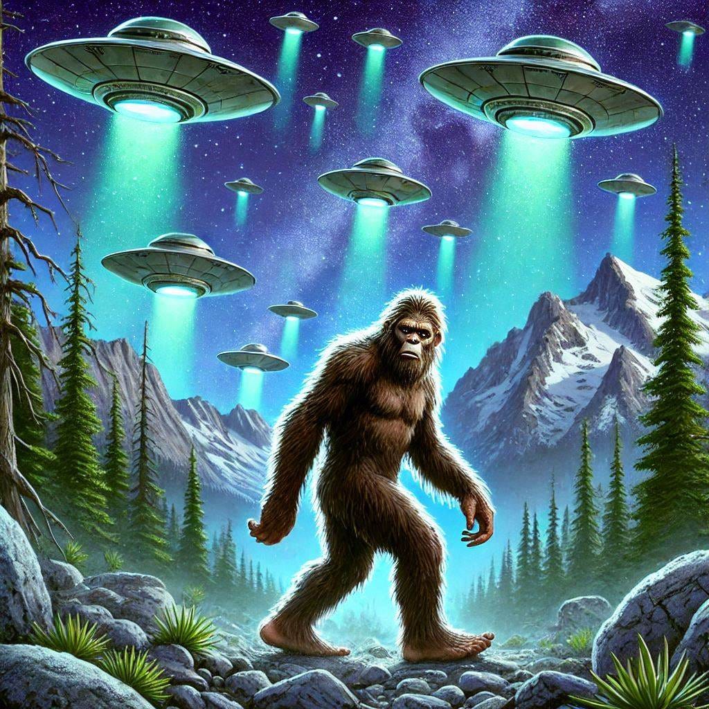 sasquatch in the trinity alps surrounded by ufos behind and above him