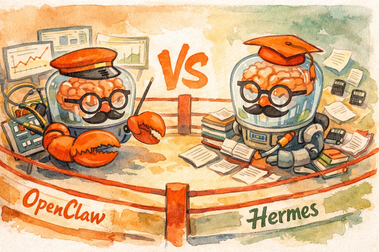 OpenClaw lobster and Hermes Scholar bot facing off in a boxing ring to represent the versus comparison. OpenClaw lobster and Hermes Scholar bot facing off in a boxing ring to represent the versus comparison.