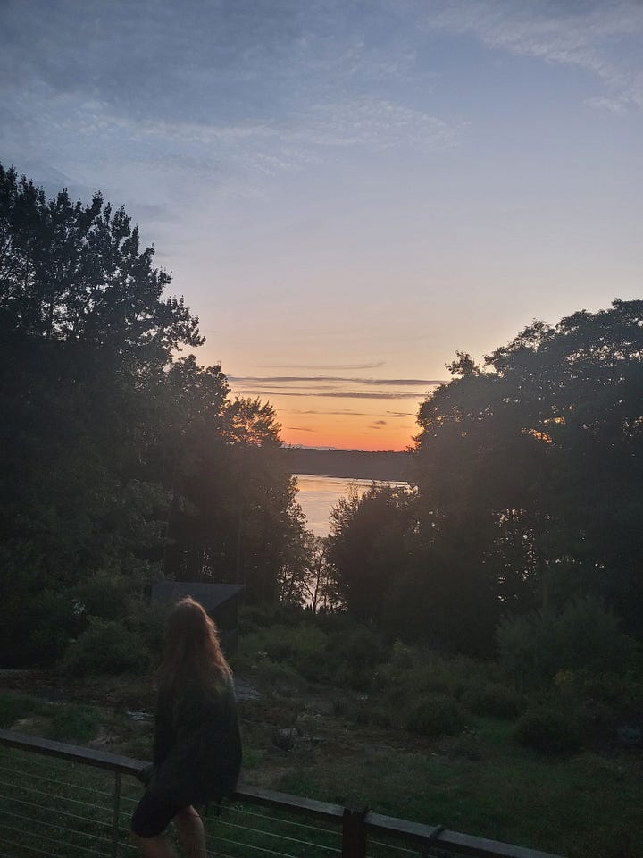 Teen boy watching the sunset and another photo of the sunset over the Kennebec River in Dresden, Maine