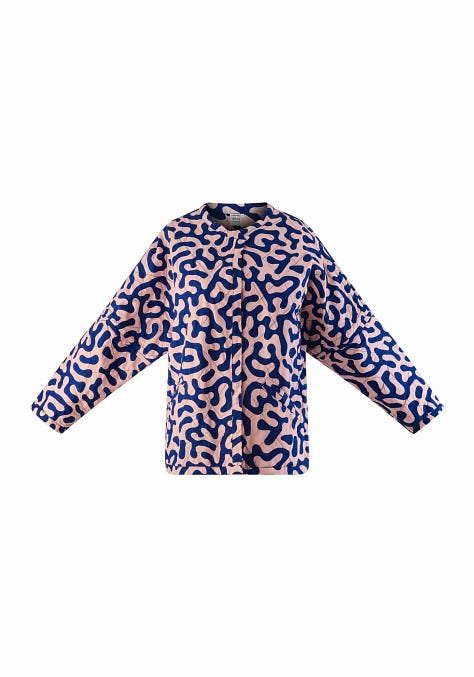 A pink and blue long sleeve quilted jacket, a pair of gold hoop earrings, and a women's single breasted navy velvet blazer.
