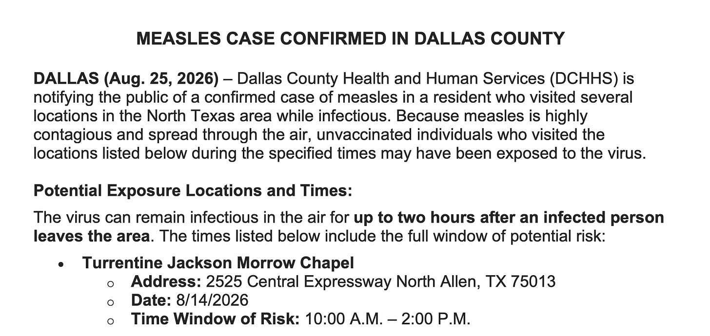 A funeral service was held at the Turrentine Jackson Morrow Chapel at the time of this measles exposure. 