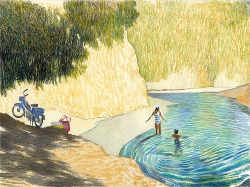 This may contain: a drawing of two people wading in the water This may contain: a drawing of two people wading in the water