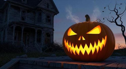 Scary Lit Jack-O'-Lantern Pumpkin With Evil Grin In Foreground Of Dilapidated Haunted House At Twilight. photo
