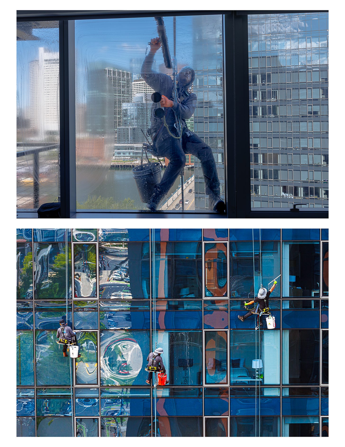 Window Washer cleaning our windows on the 14th Floor from a swing style seat hanging from the Roof.  Keeping his footing.