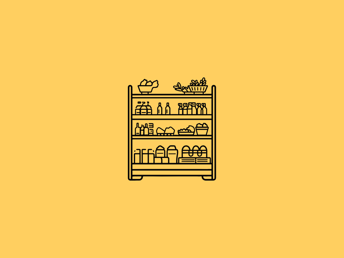 yellow background with a food shelf in the middle
