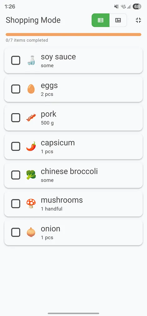 Clean grocery list in app