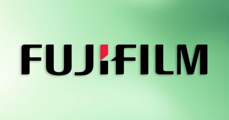The FUJIFILM logo in bold black letters, with a red accent on the "I," is displayed against a gradient green background.