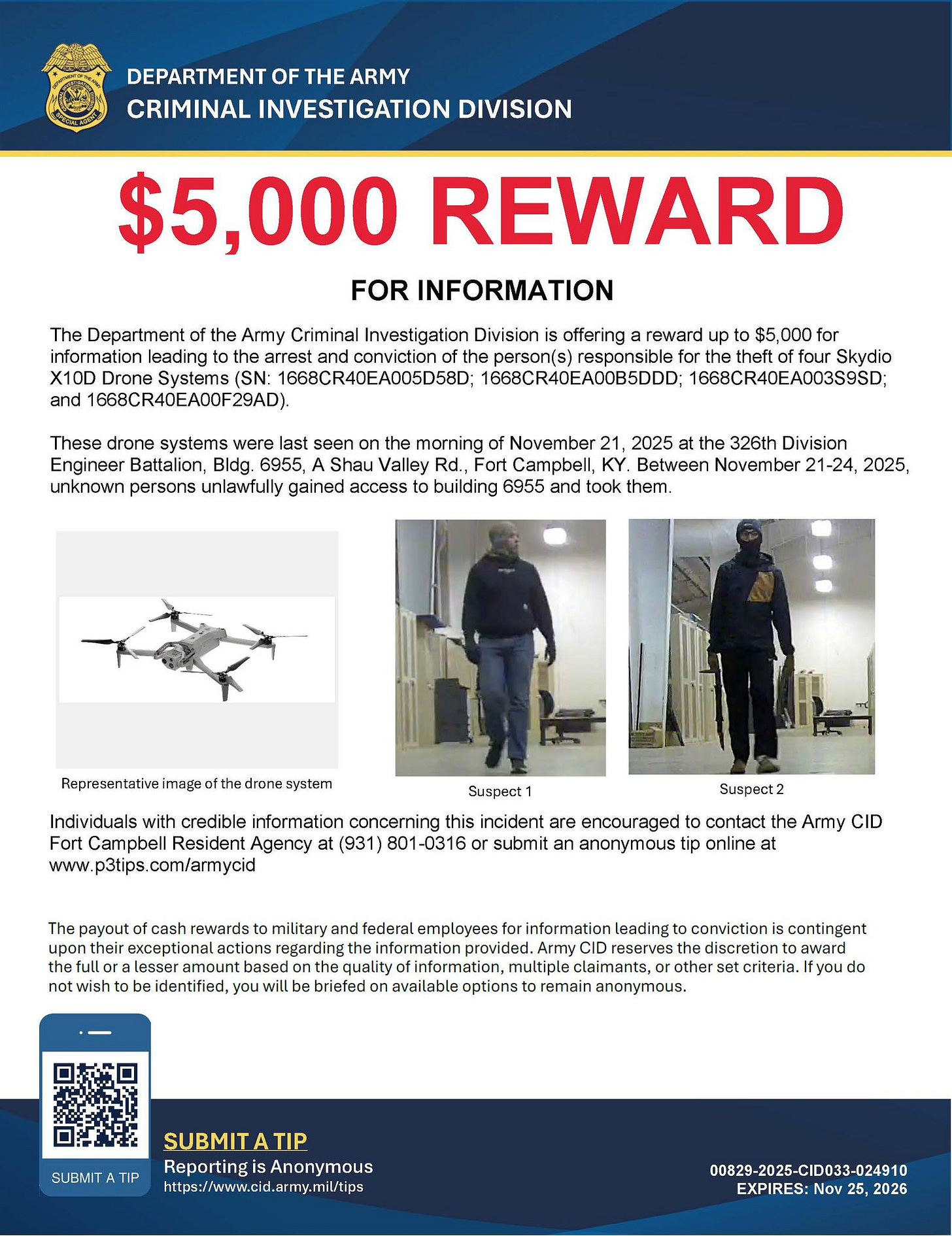 Image of a reward notice from the Army Criminal Investigation Division offering $5,000 for information on the theft of Skydio X10D drones at Fort Campbell, KY.