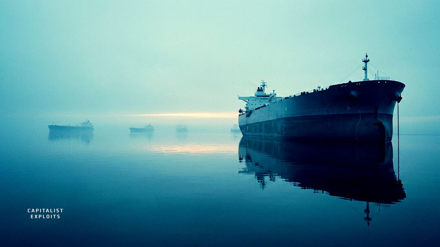 Large cargo ships anchored in calm blue waters with misty horizon