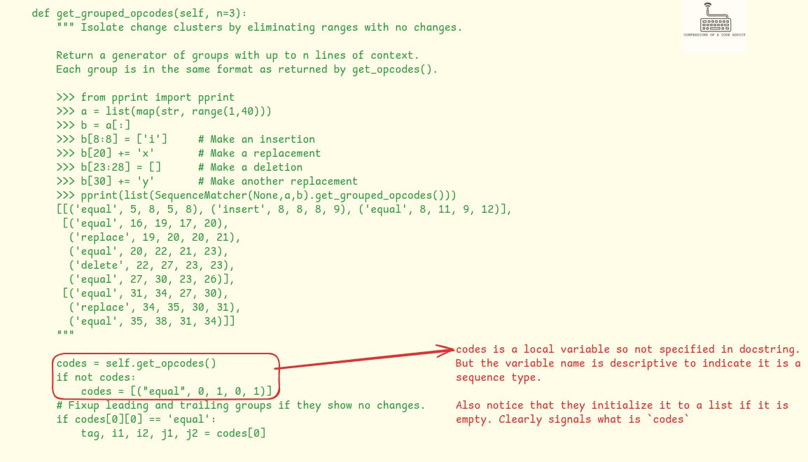 Another example of a clear emptiness check done in Pythonic style. Taken from the difflib module code in CPython. The called function name clearly tells that it returns a sequence, the variable name `codes` is also commonly used for holding sequences and the surrounding code also uses it like a list. Another example of a clear emptiness check done in Pythonic style. Taken from the difflib module code in CPython. The called function name clearly tells that it returns a sequence, the variable name `codes` is also commonly used for holding sequences and the surrounding code also uses it like a list.