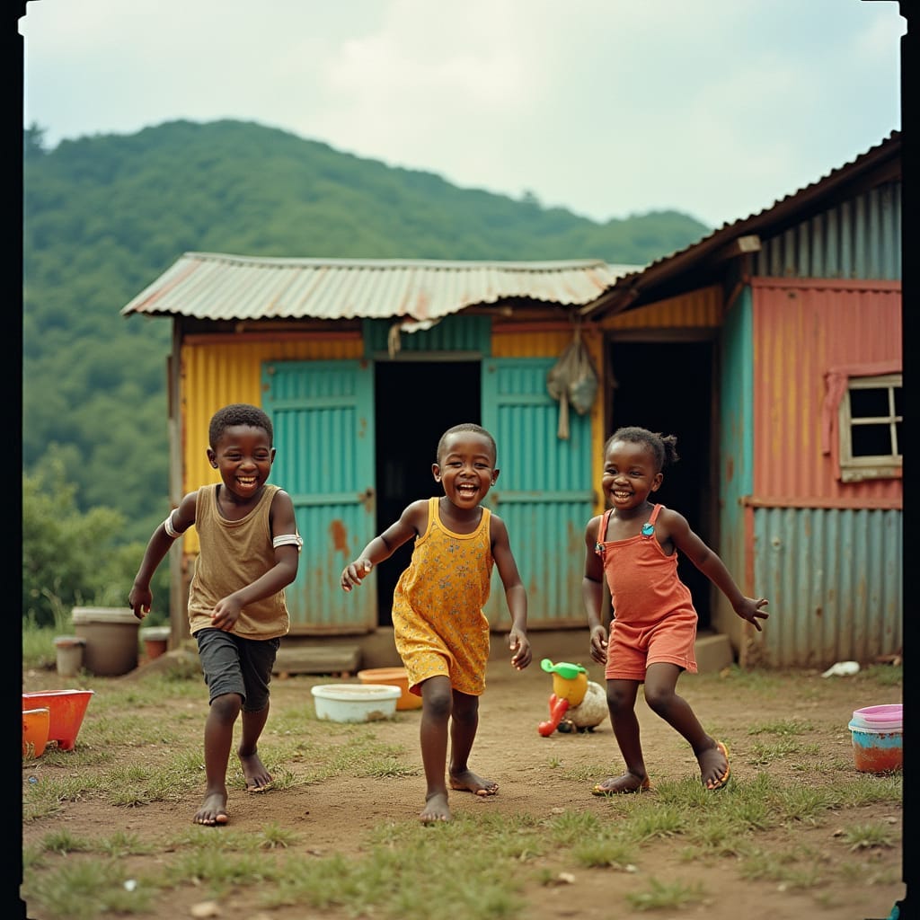 Vibrant Jamaican ghetto zinc house with corrugated iron walls and colorful makeshift repairs, set against a backdrop of lush green hills. Beautifully dressed ghetto children with bright smiles and infectious laughter, playing joyfully in the yard, surrounded by scattered toys and makeshift games.