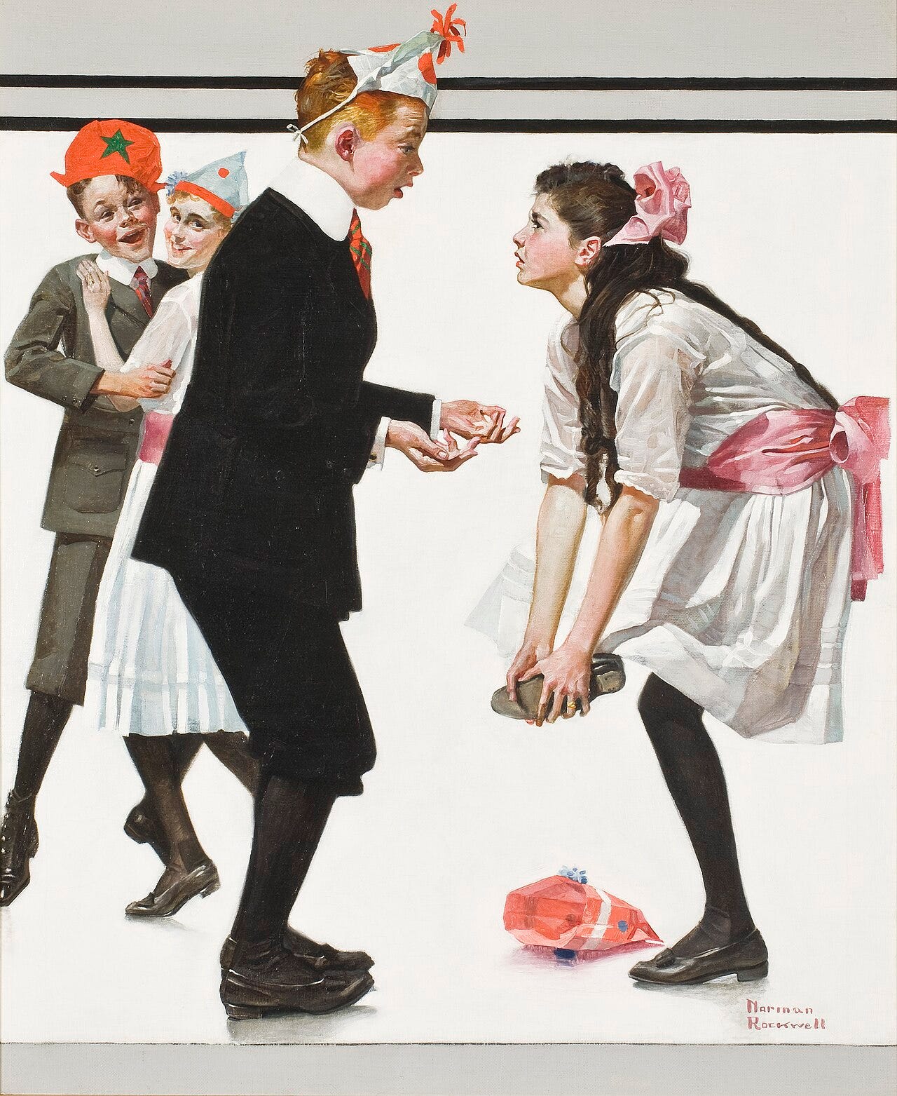 Norman Rockwell painting titled Pardon Me showing children dancing at a party, cover of the Saturday Evening Post from January 26 1918 Norman Rockwell painting titled Pardon Me showing children dancing at a party, cover of the Saturday Evening Post from January 26 1918