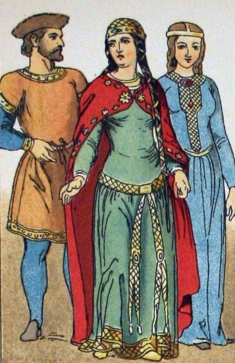 Two women in gowns stand beside a man wearing a tunic and hose.