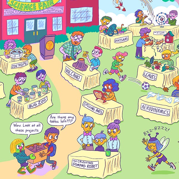 Mark and Zark carry their science project into the front yard of the school where the science fair is happening. The other students’ projects are a zoetrope, volcano, dinosaurs, leaves, aerodynamics, the atom, spelling ants, bug zoo and the crushing stomping robot.