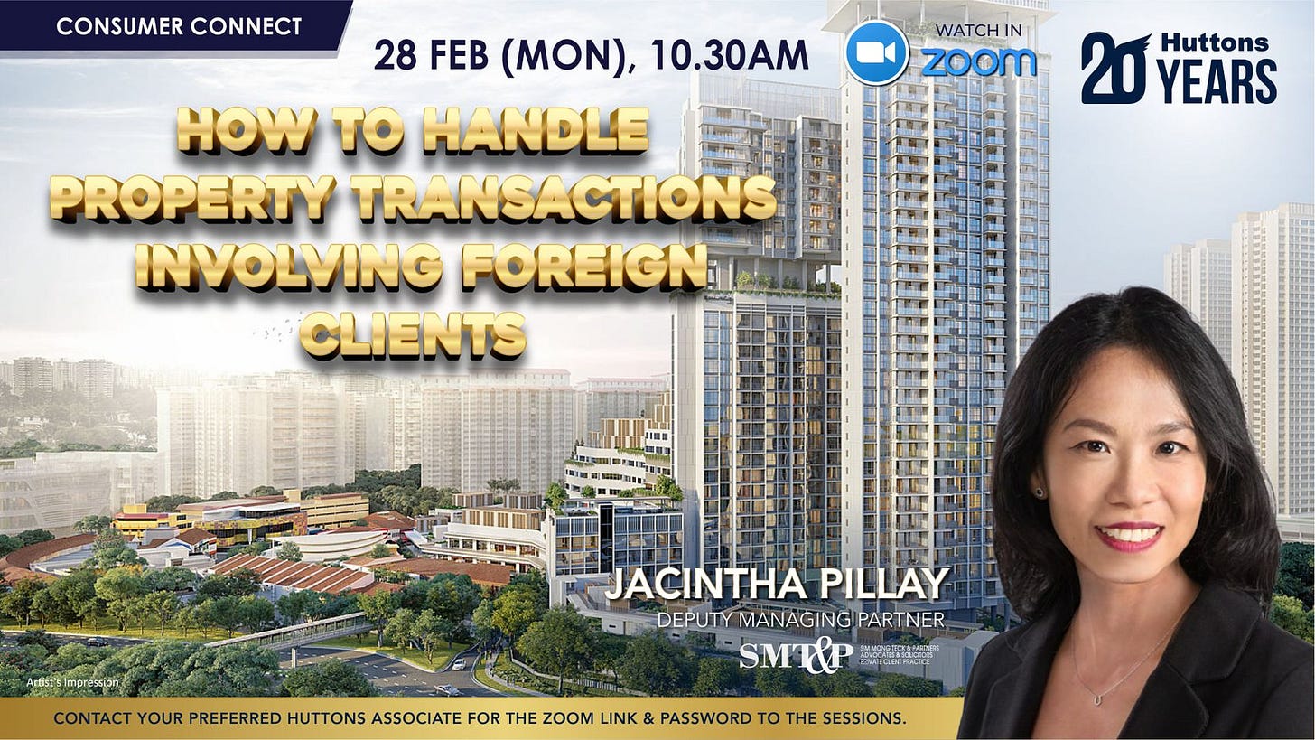 May be an image of 1 person, sky, skyscraper and text that says 'CONSUMER CONNECT 28 FEB (.ON) 10.30AM HOW TO HANDLE PROPERTY TRANSACTIONS INVOLVING FOREIGN CLIENTS WATCH IN zoom 20 Huttons YEARS JACINTHA PILLAY DEPUTY MANAGING PARTNER SMT&P &P A Û'Is CONTACT YOUR PREFERRED HUTTONS ASSOCIATE FOR THE ZOOM LINK & PASSWORD TO THE SESSIONS.'