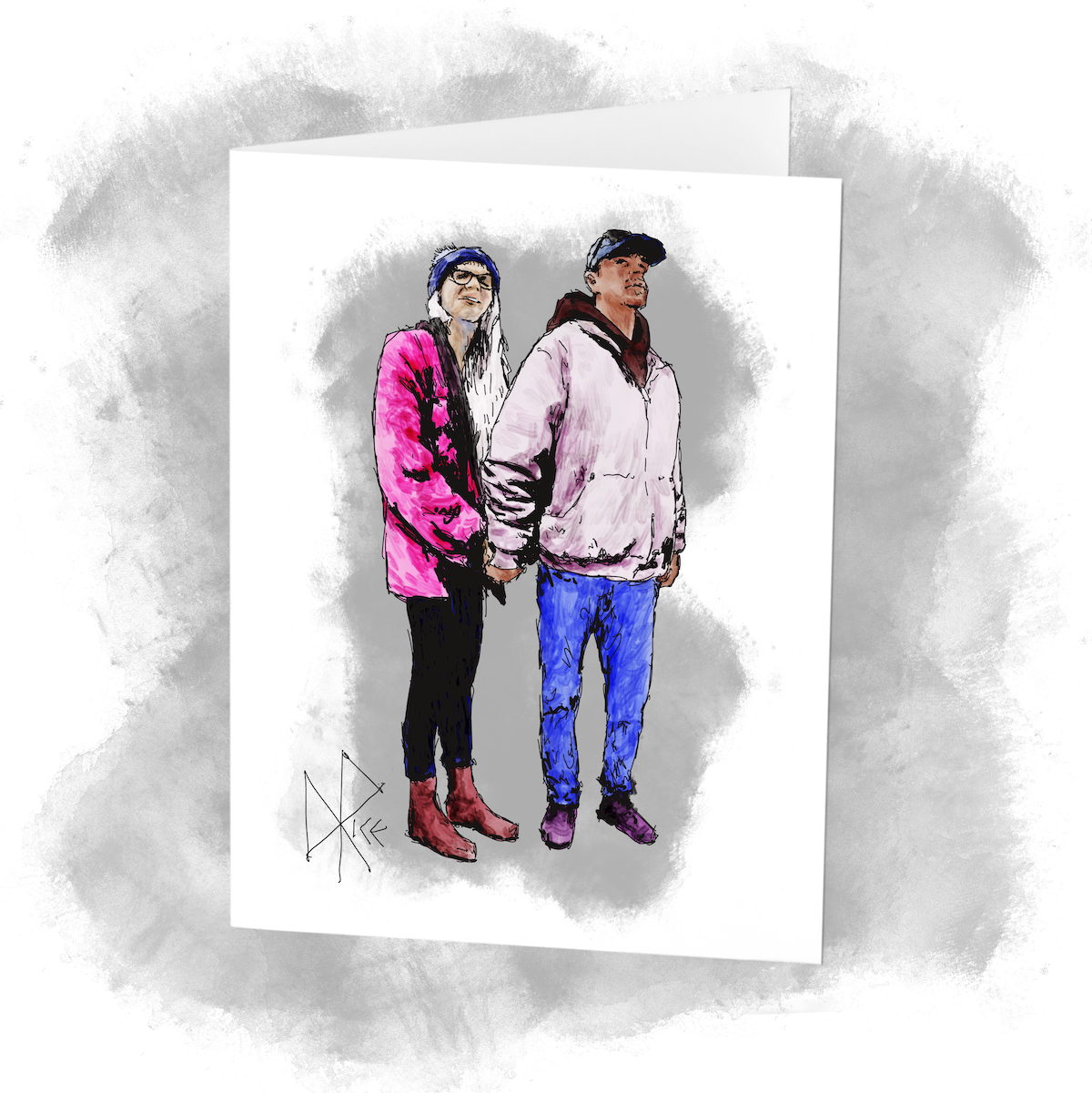 Holding hands as they look out into the distance, a man and woman stand in casual outerwear. Sketch art by Don Rice.
