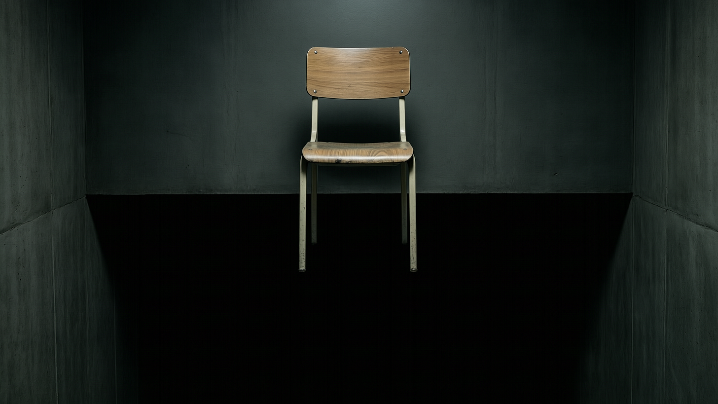 An empty wooden chair centered in a dark alcove, lit from above. The chair sits at the edge of a void, suggesting someone has just left or is always about to arrive.