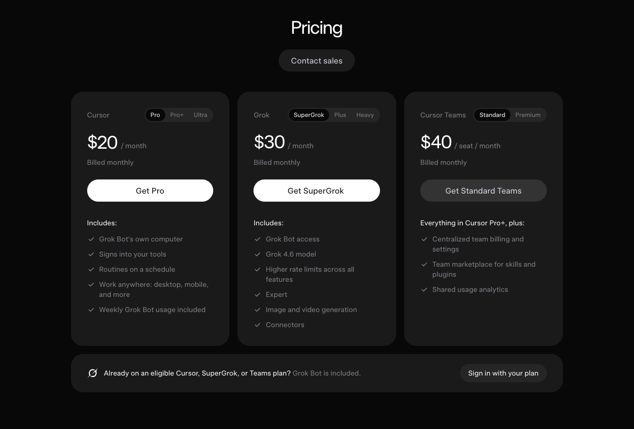 The Grok Bot pricing chart, showing prices through Cursor, Grok, and Cursor Teams The Grok Bot pricing chart, showing prices through Cursor, Grok, and Cursor Teams