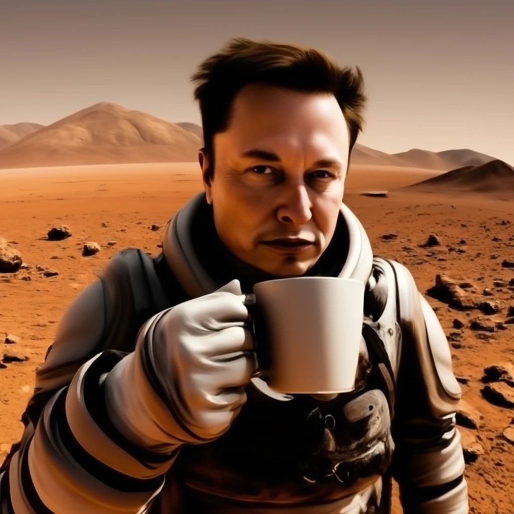 elon musk drinking coffee on Mars