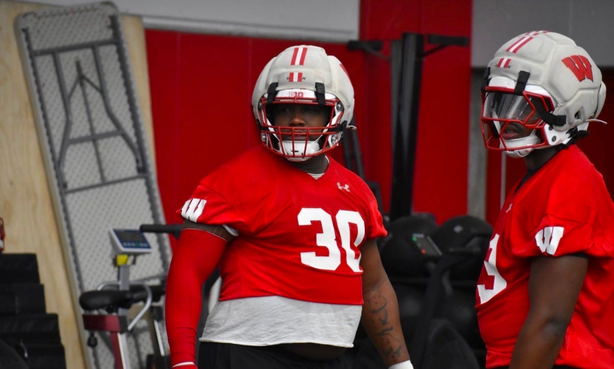 Wisconsin Badgers defensive lineman Charles Perkins on the field during an indoor practice. Wisconsin Badgers defensive lineman Charles Perkins on the field during an indoor practice.
