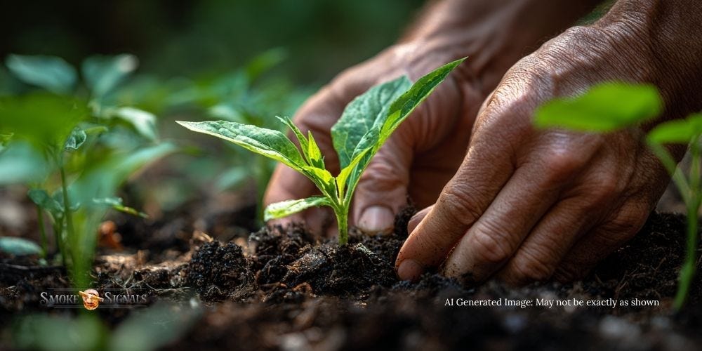 Hands planting organic tobacco seedlings in nutrient-rich soil for sustainable cigars. Hands planting organic tobacco seedlings in nutrient-rich soil for sustainable cigars.Hands planting organic tobacco seedlings in nutrient-rich soil for sustainable cigars.