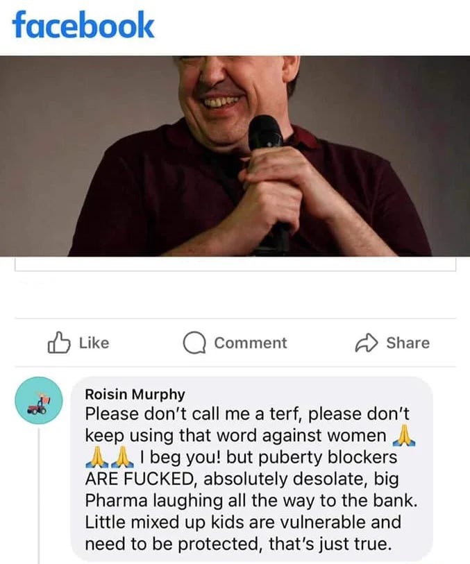 Facebook post with a picture of Graham Linehan on it, underneath a comment from Roisin Murphy's personal Facebook profile reads "Please don't call me a terf, please don't keep using that word against women (prayer emoji x 3) I beg you! but puberty blockers ARE FUCKED, absolutely desolate, big Pharma laughing all the way to the bank. Little mixed up kids are vulnerable and need to be protected, that's just true."
