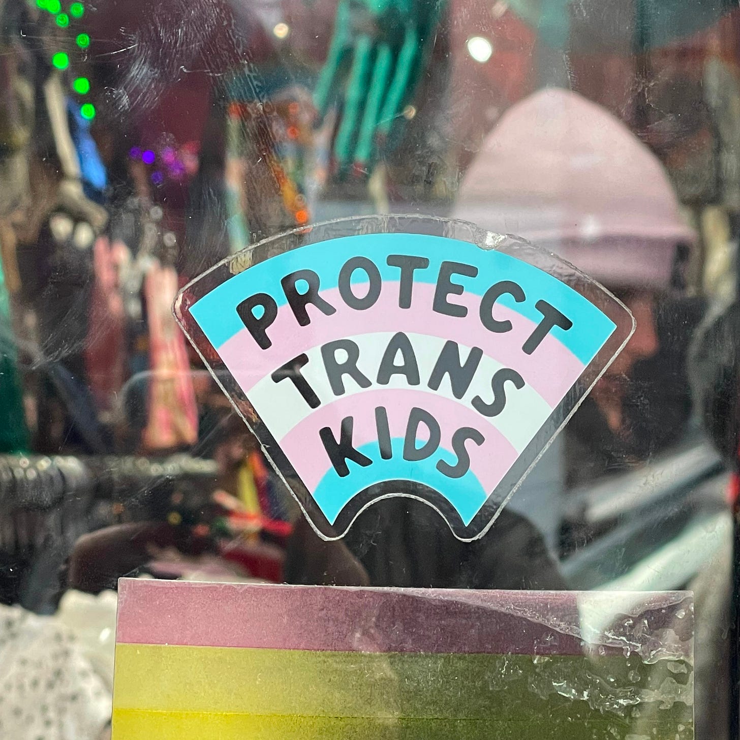 A sticker of a trans flag on a storefront window that reads “protect trans kids” 