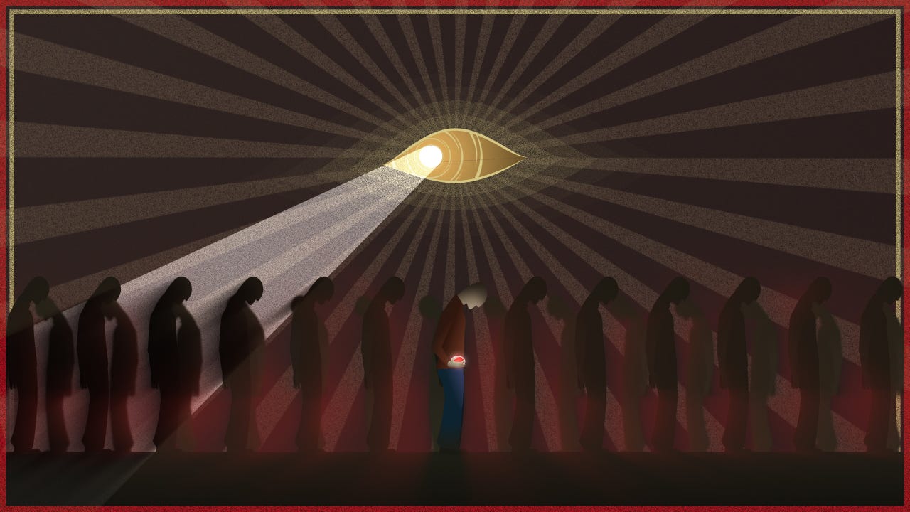 A 'Big Brother' Orwellian styled watchful eye graphic by Oleg Gamulinski from Pixabay. A large, single eye casts its watchful, searching gaze down onto a dejected looking line of figures with their heads bowed.