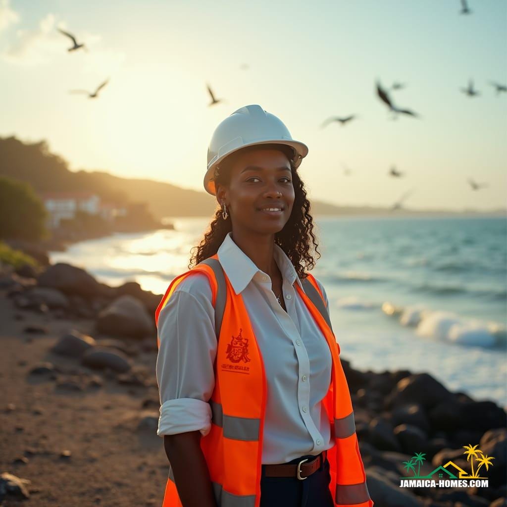 African Caribbean planning officer, dressed in a crisp white shirt, dark trousers, and a bright orange safety vest, standing at the edge of a rugged Jamaican coastline, surveying a development site for a new petrol station, with a mix of excitement and focus on her face, as the warm Caribbean sun casts a golden glow on her skin, surrounded by the sounds of waves crashing and seagulls flying overhead
