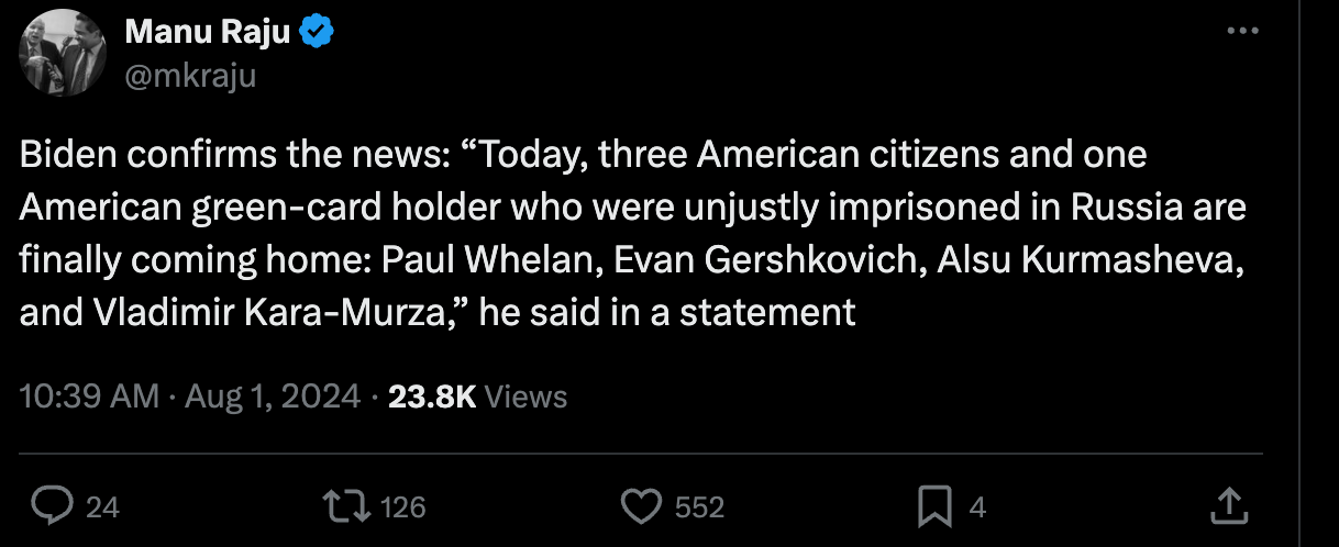 Biden confirms the news: “Today, three American citizens and one American green-card holder who were unjustly imprisoned in Russia are finally coming home: Paul Whelan, Evan Gershkovich, Alsu Kurmasheva, and Vladimir Kara-Murza,” he said in a statement Biden confirms the news: “Today, three American citizens and one American green-card holder who were unjustly imprisoned in Russia are finally coming home: Paul Whelan, Evan Gershkovich, Alsu Kurmasheva, and Vladimir Kara-Murza,” he said in a statement