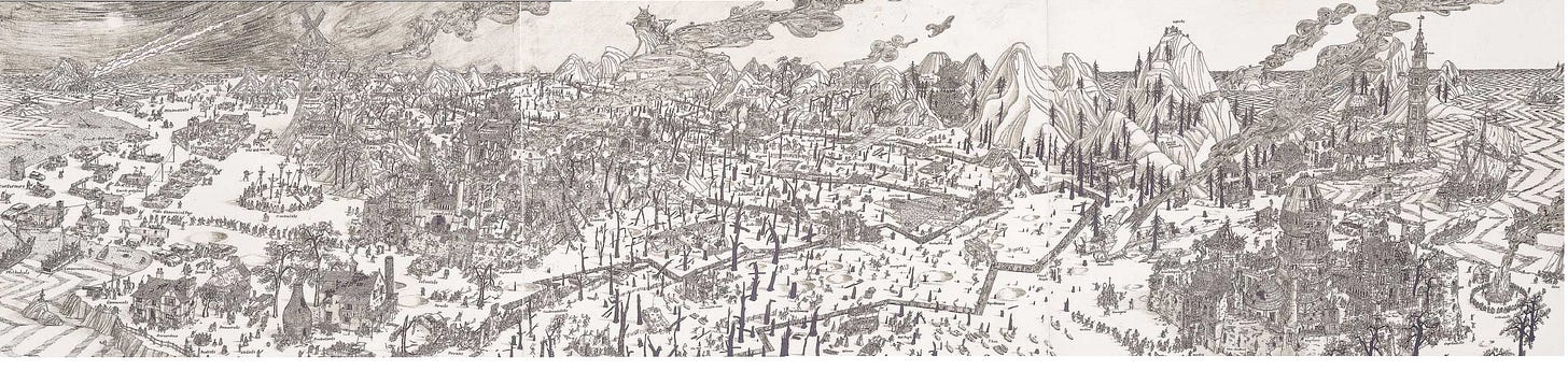 A panoramic illustration of an imaginary world. Factions of groups, labeled as stereotypes, break out in war.