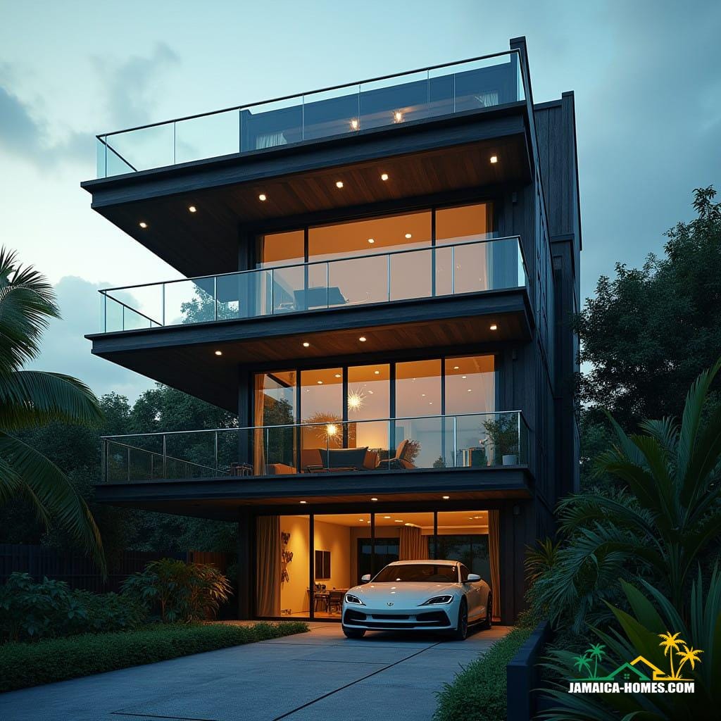 Introducing the SkyBox Container Residences, a bold, modern living space in the heart of Kingston, Jamaica. This innovative four-level container home redefines contemporary urban living with its cutting-edge design and sustainable architecture. At the base, a single-car parking garage seamlessly integrates into the structure, leading up to the various functional levels that make this home a truly unique living experience.