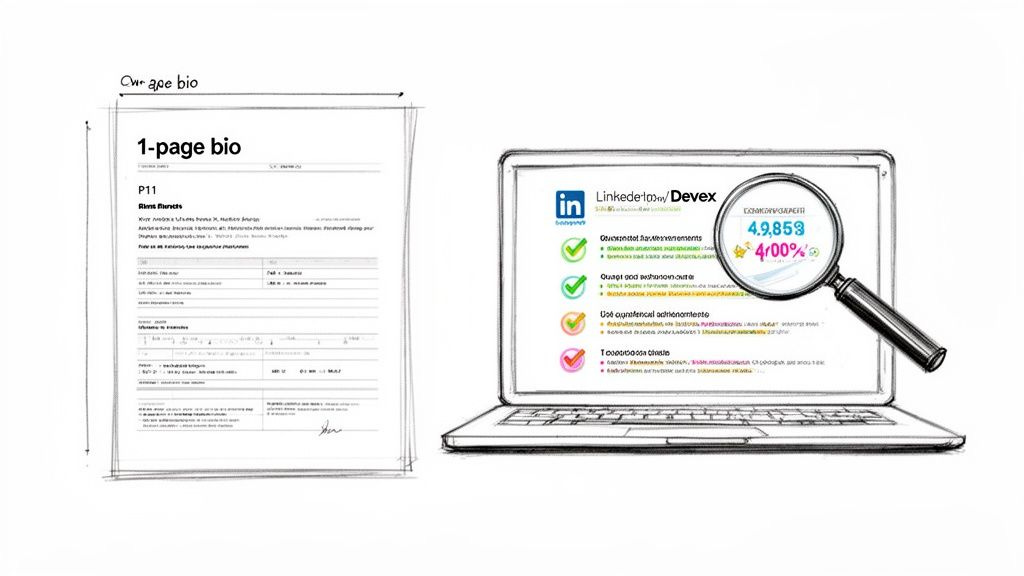 Sketch of a one-page bio document next to a laptop displaying an optimized online professional profile.