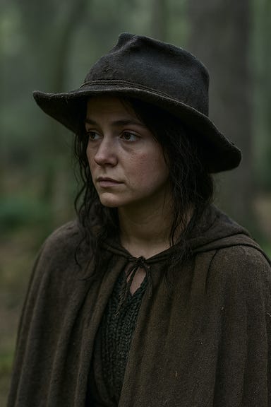 A gothic fantasy portrait of Arabelle disguised as Mariel. She appears as a quiet, mysterious traveler in her early twenties, with dark shoulder-length hair tucked beneath a plain straw hat. Her features are soft but unreadable, eyes downcast with a hint of knowing mischief. She wears a weathered cloak of muted green and brown, layered over simple linen garments. Her satchel is worn and patched, slung across her chest. The background is a misty Barovian forest path, with twisted trees and faint glyphs carved into bark. Light filters through the canopy, casting dappled shadows across her face.