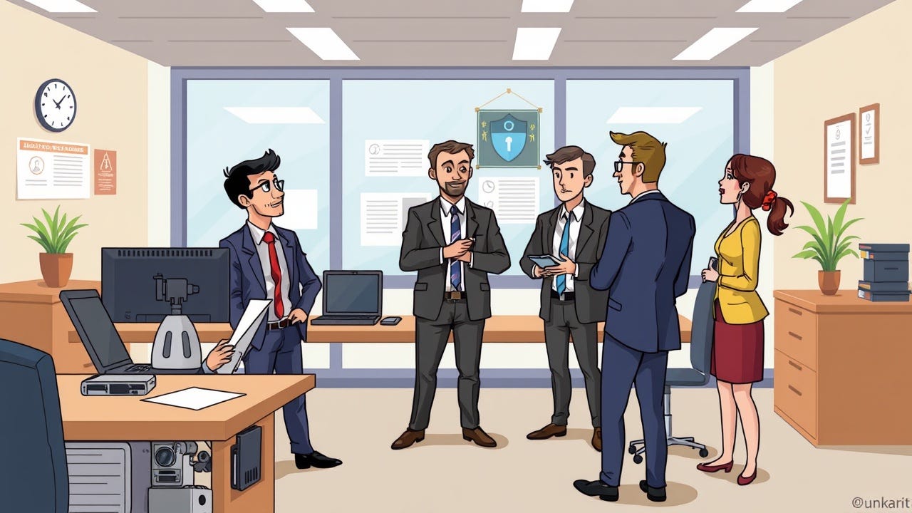 A group of professionals discussing security strategies in an office.