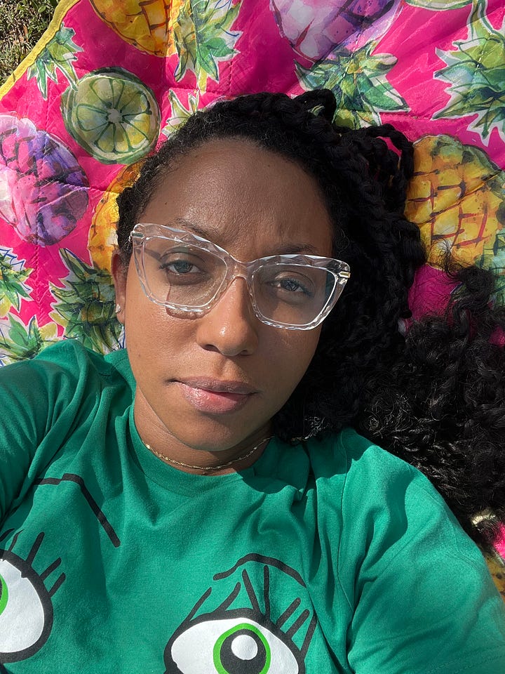 Oak leaves on sidewalk, New shoots from a palm tree, Tao lying on a pineapple picnic blanket with sunlight filtered on her face, Sky view from where Tao is lying