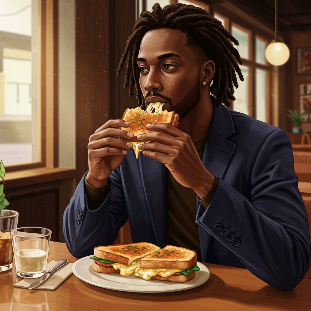 black man with dreadlocks eating a gourmet grilled cheese sandwich black man with dreadlocks eating a gourmet grilled cheese sandwich