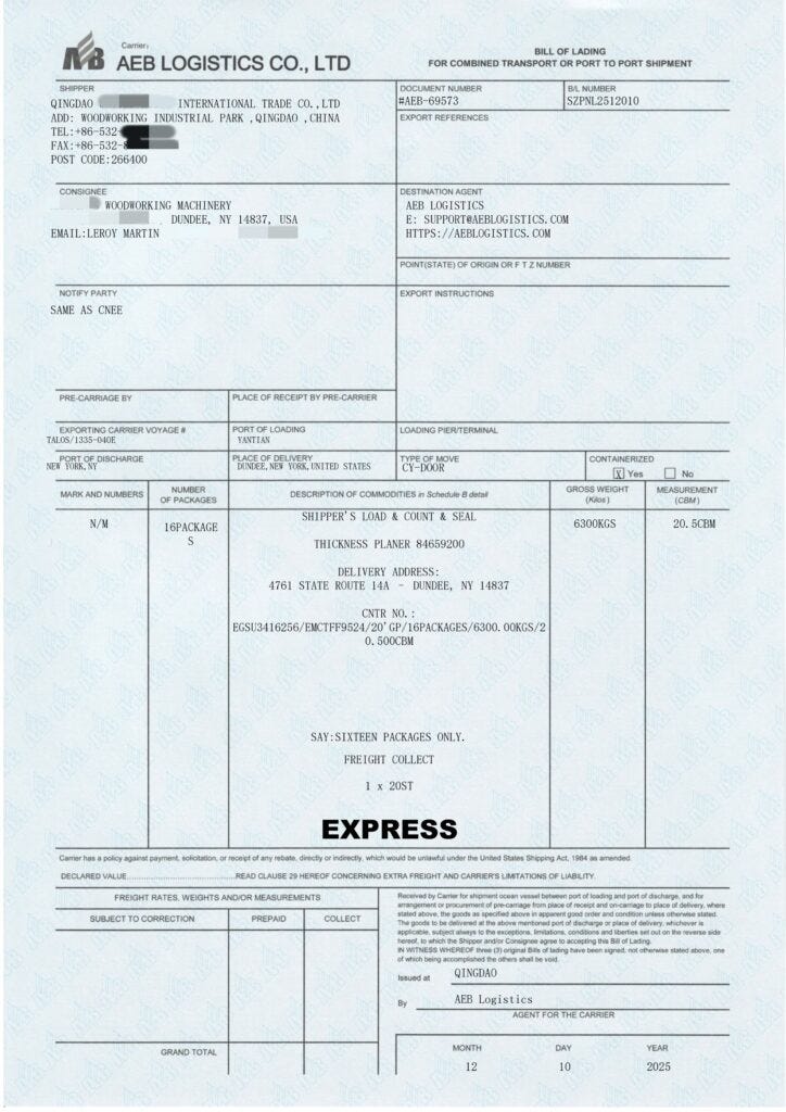 Bill of Lading Issuance - China to USA Ocean Freight Case Study - 1×20FT Container Bill of Lading Issuance - China to USA Ocean Freight Case Study - 1×20FT Container