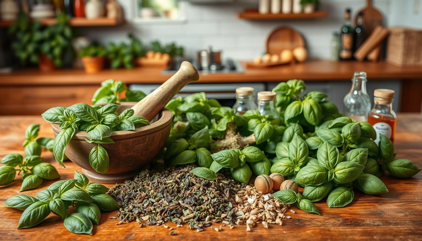 Spread across a wooden table, an array of basil plants and their products - fresh green leaves, dried herbs, pesto sauce, and aromatic essential oils. 